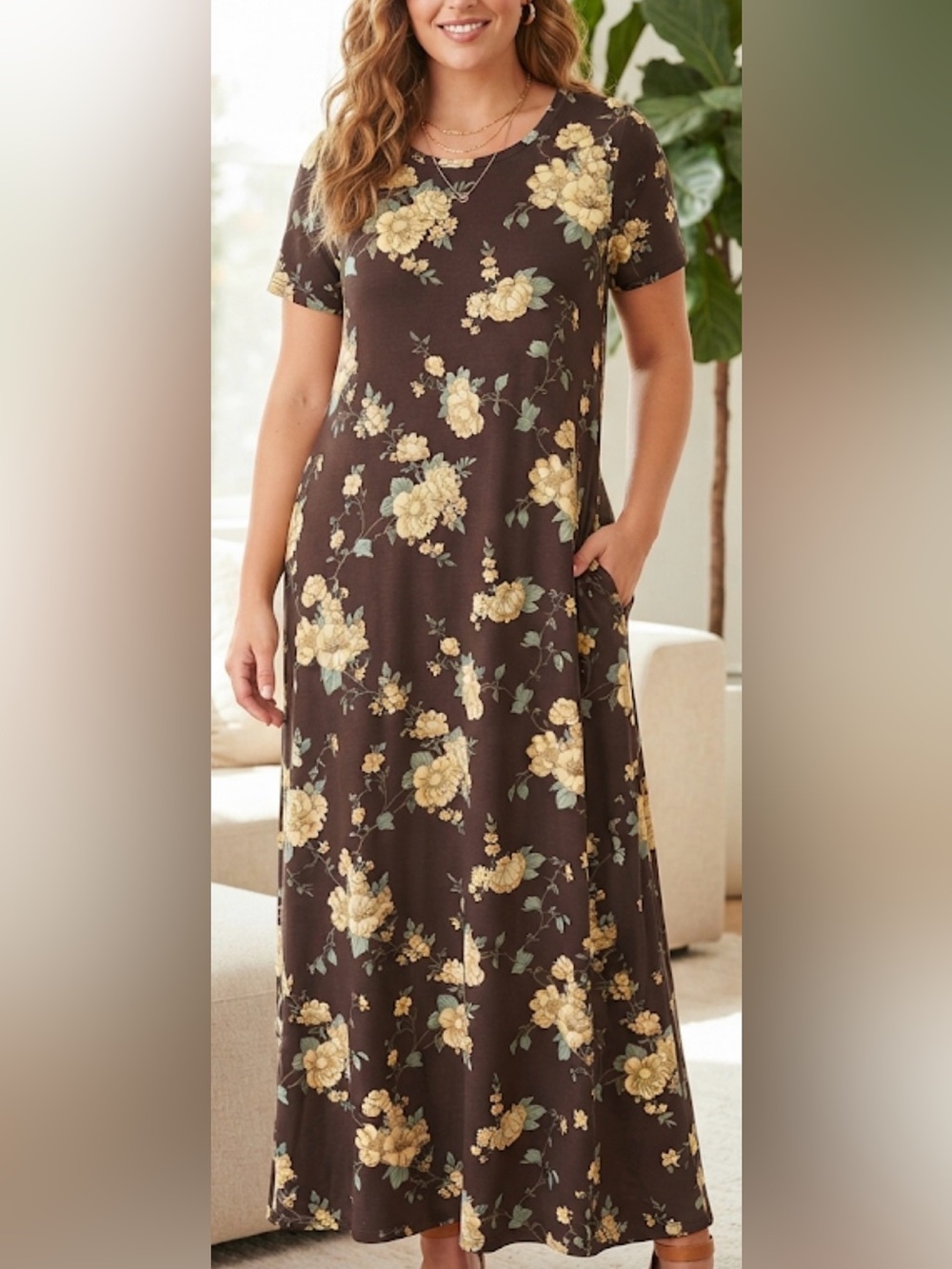 LuLaRoe Brown & Cream Floral Short Sleeve Maxi Dress Large NWT